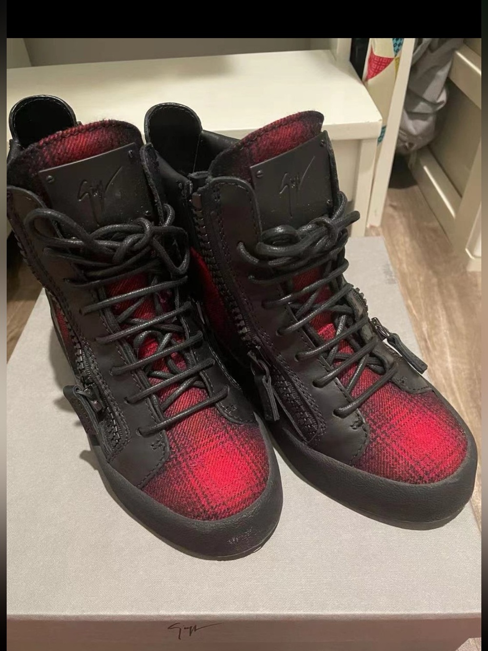 Giuseppe Zanotti Red & Black High-Top Plaid Sneakers